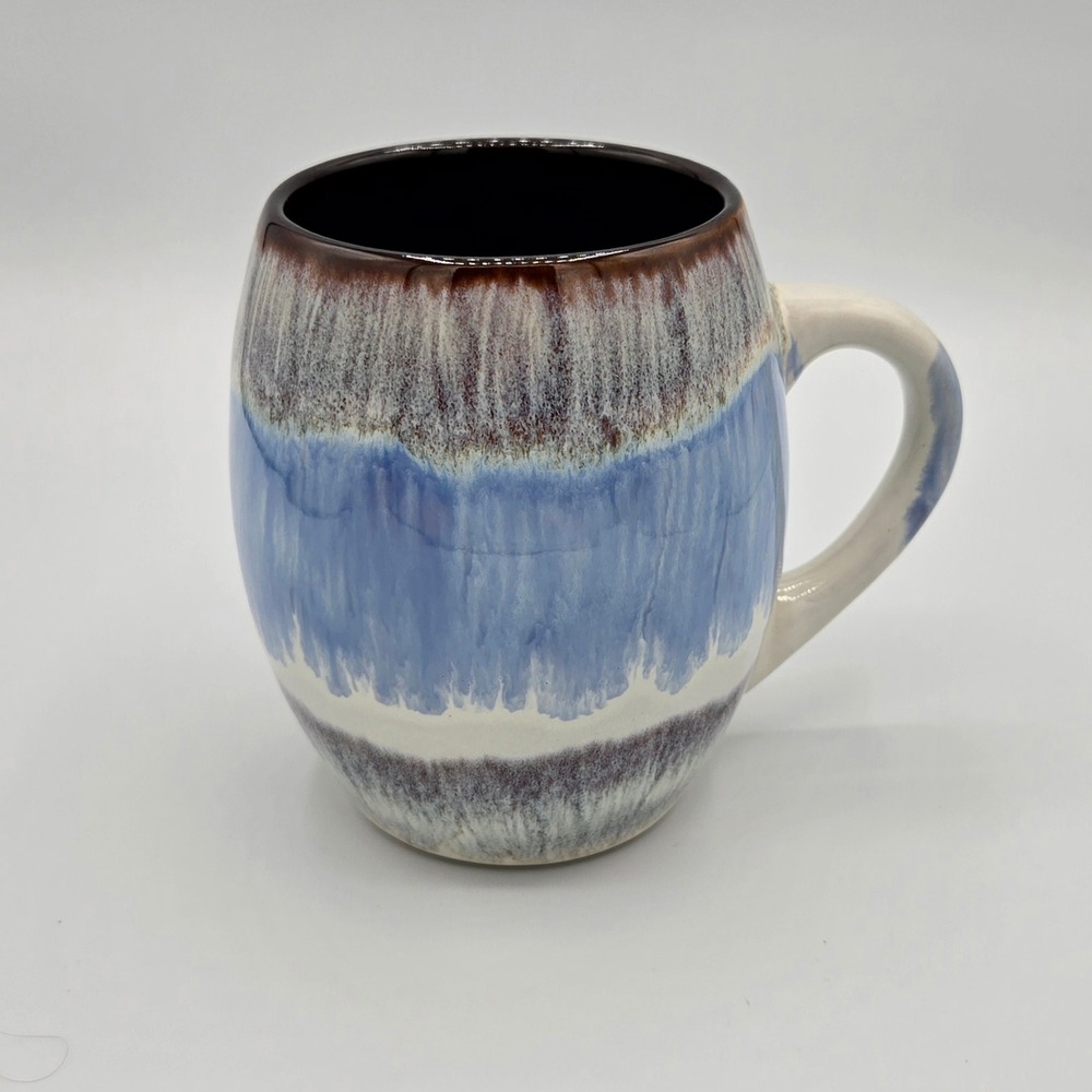 American Atelier Stoneware Mug Blue‎ Brown Drip Glaze Barrel Shape